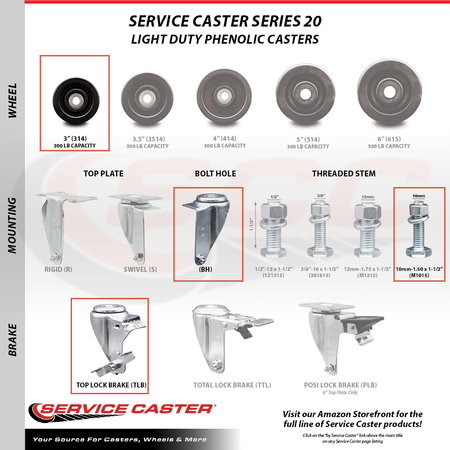 Service Caster 3 Inch Phenolic Wheel Swivel 10mm Threaded Stem Caster Brakes SCC, 2PK SCC-TS20S314-PHS-M1015-2-TLB-2